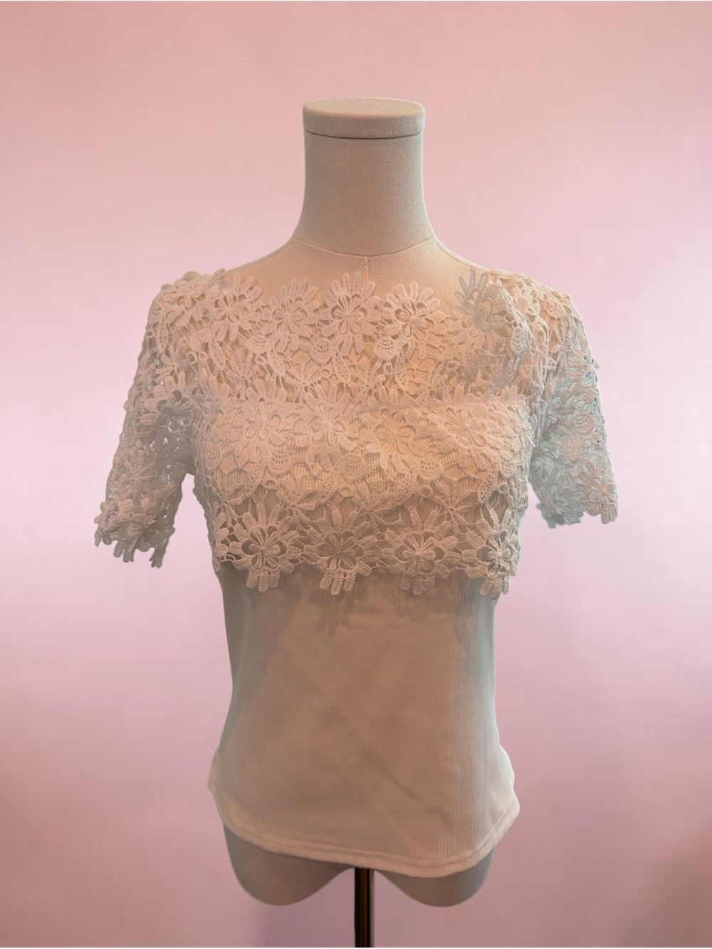 Floral Lace Overlay Short Sleeve Top - White